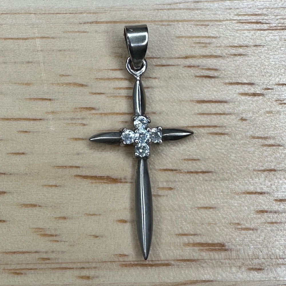925 Sterling Silver‎ Dagger Cross Pendant with Cubic Zirconia Stones 2.00g